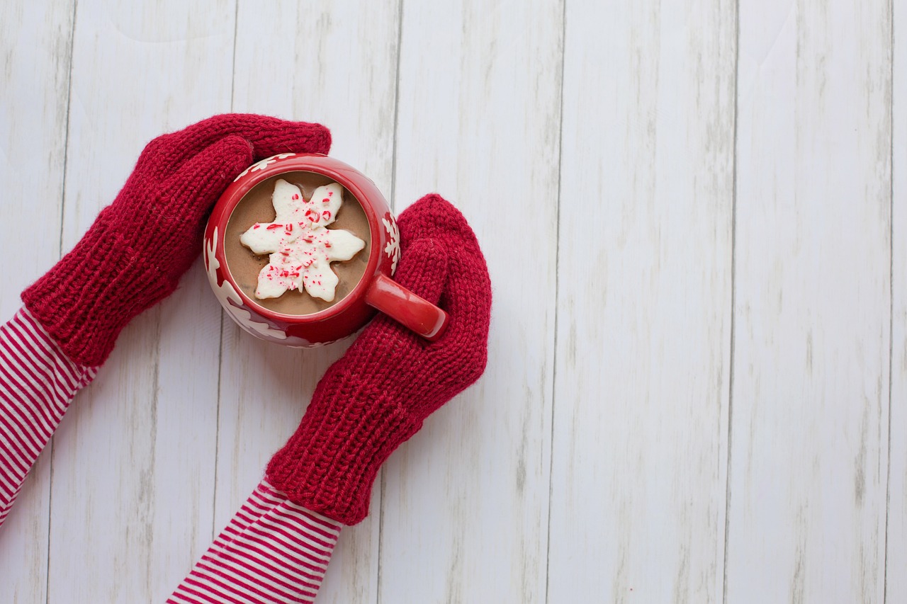 mittens, hot chocolate, red